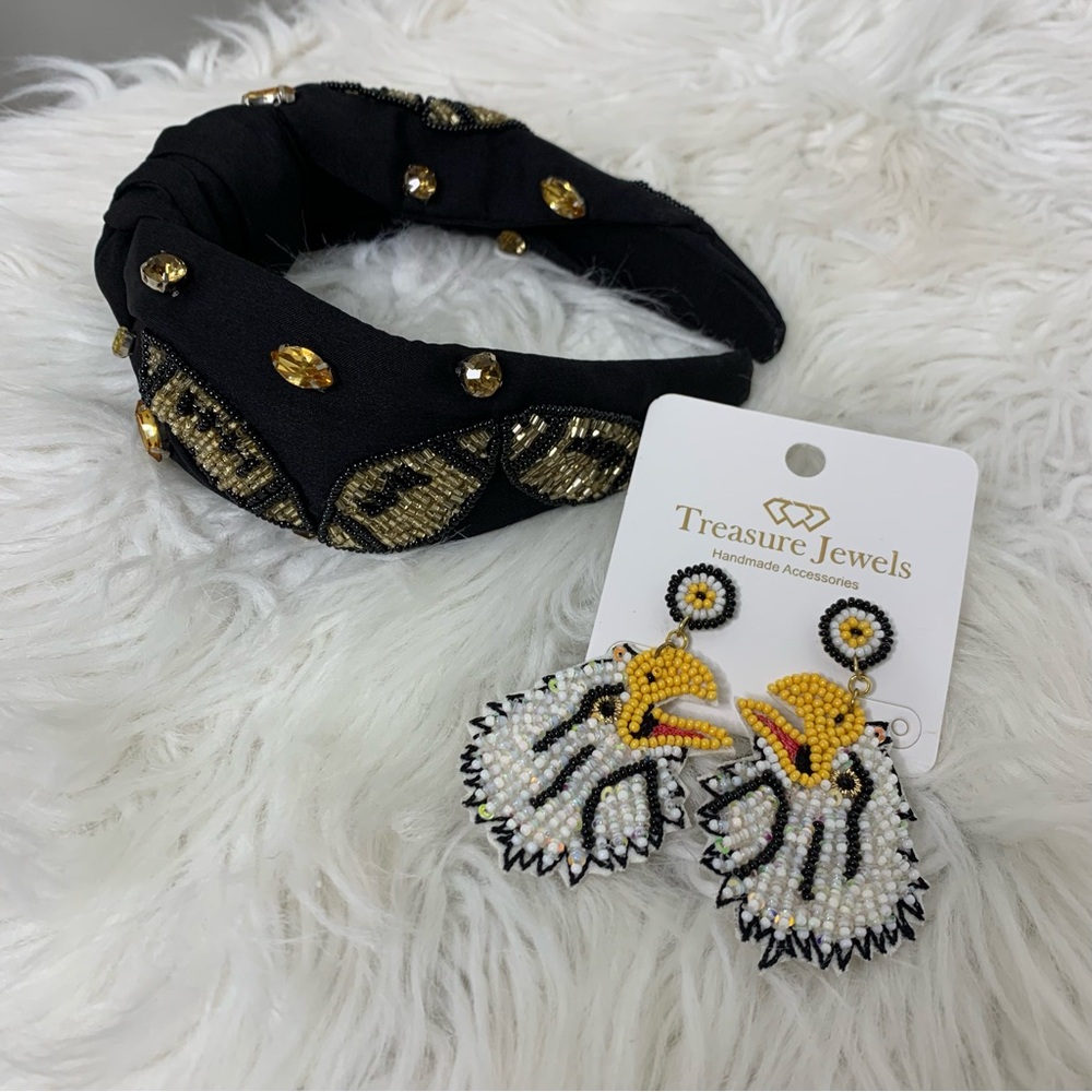 Treasure Jewels Elegant Black Headband with Gold Football Accents
